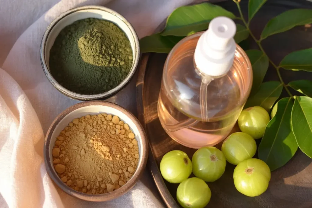 Bhringraj powder, amla powder and rose water arranged together for natural hair growth mask — Yuval Natural