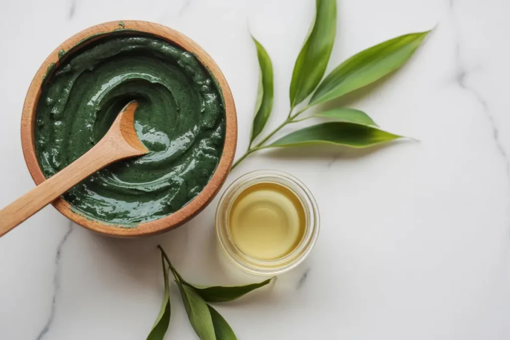 Bhringraj powder and coconut oil hair mask in wooden bowl — natural remedy for hair fall by Yuval Natural