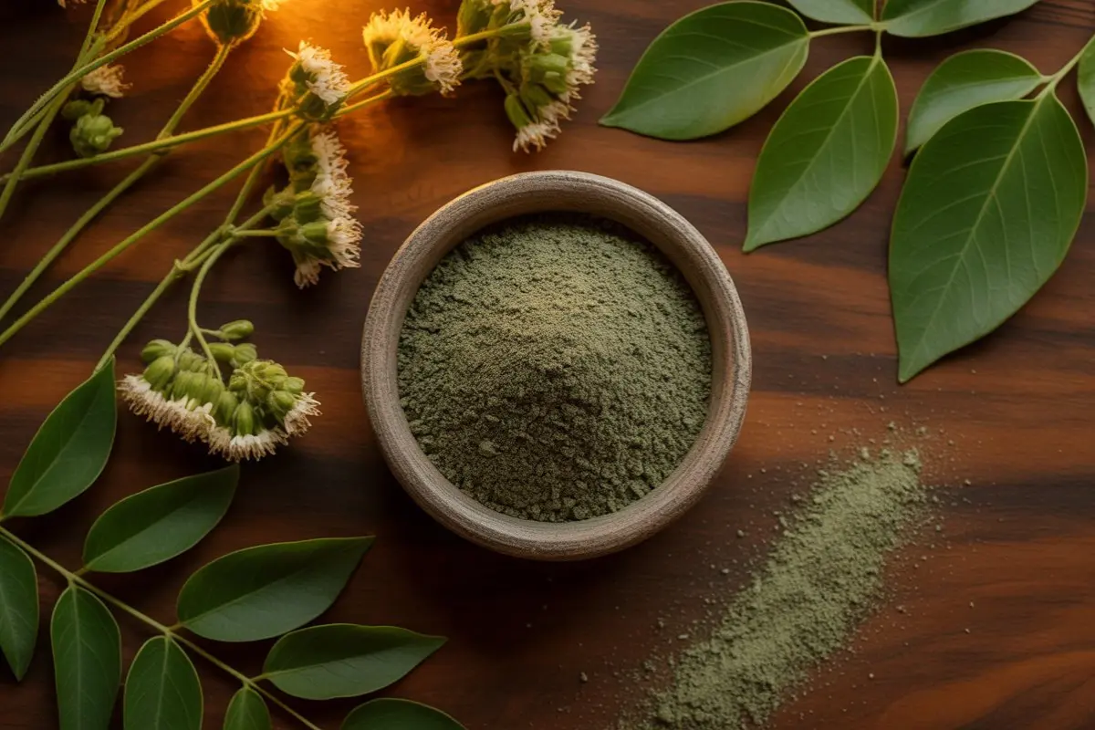 Bhringraj powder in a clay bowl with fresh leaves and flowers on wooden surface — Yuval Natural