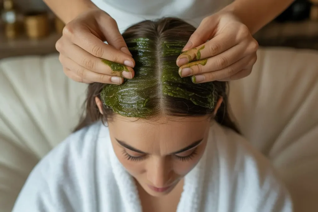 Woman getting bhringraj herbal paste applied on scalp for hair fall treatment — Yuval Natural step by step guide