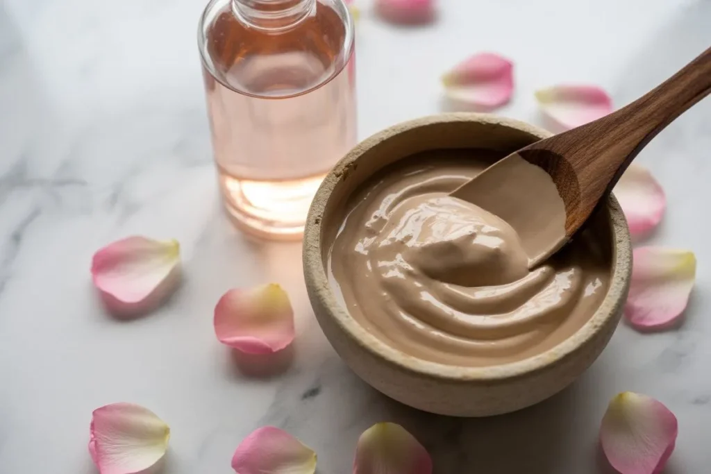 Multani mitti and rose water face pack being prepared in a bowl