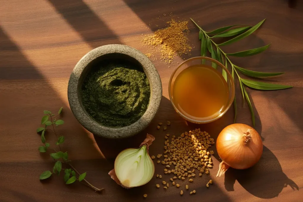 Bhringraj powder, fenugreek and onion juice power hair mask for heavy hair fall treatment — Yuval Natural