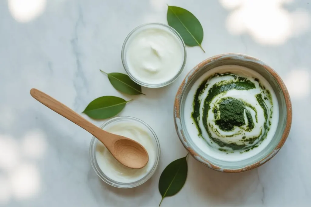 Bhringraj powder and yogurt hair mask in ceramic bowl for dandruff and oily scalp treatment — Yuval Natural
