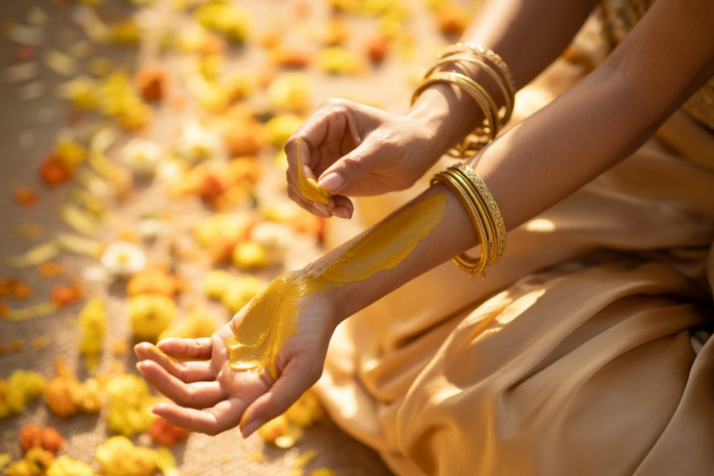 Bridal ubtan being applied on hands as part of traditional Indian pre-wedding skin ritual
