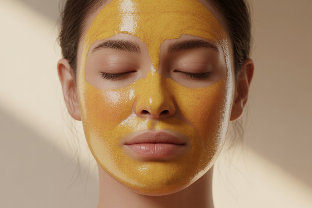 Woman applying ubtan face pack on skin for natural glow at home