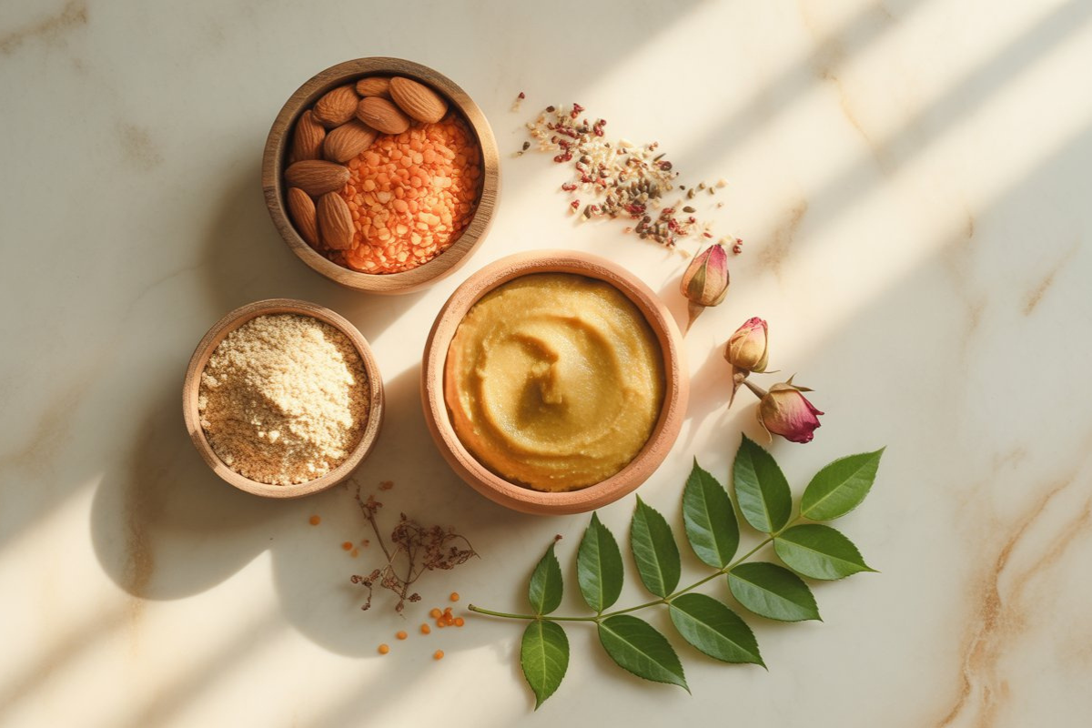 Ubtan ingredients flat lay — almonds, red lentils, besan, rice flour and mixed seeds for glowing skin