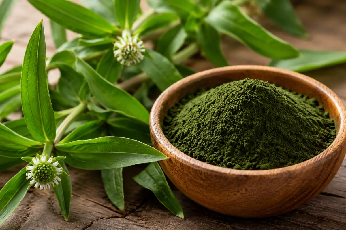 Best bhringraj powder for hair growth in India displayed in wooden bowl with fresh bhringraj leaves