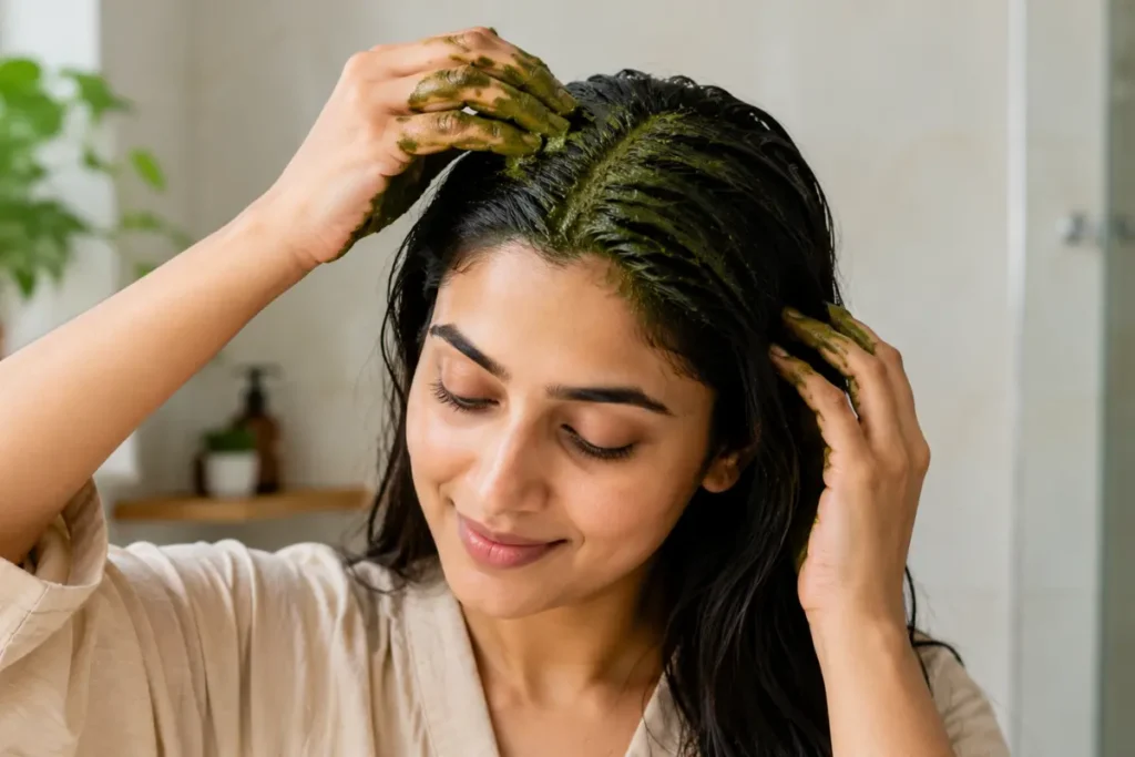 Applying best bhringraj powder hair mask to scalp for hair growth following step-by-step method