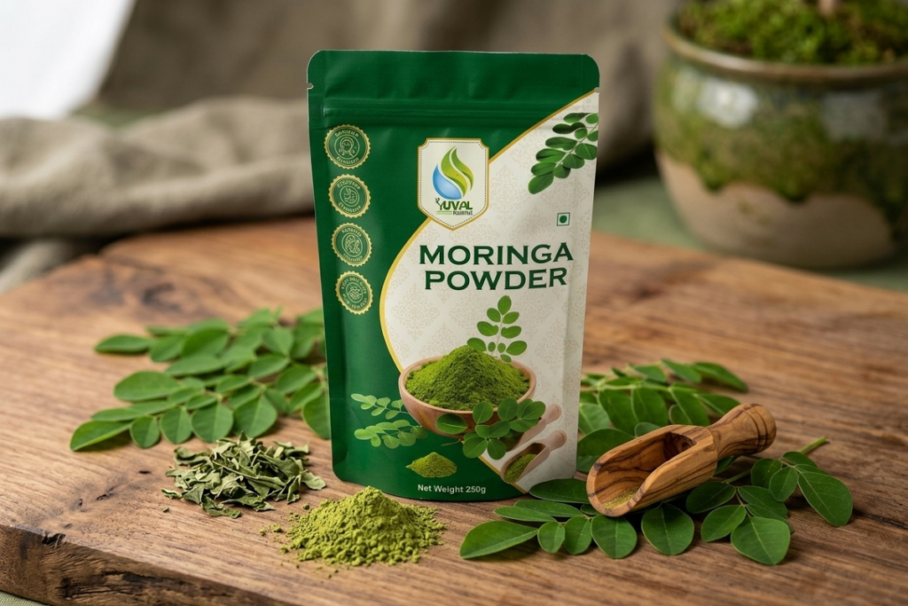 Organic moringa powder packaging from natural Ayurvedic brand