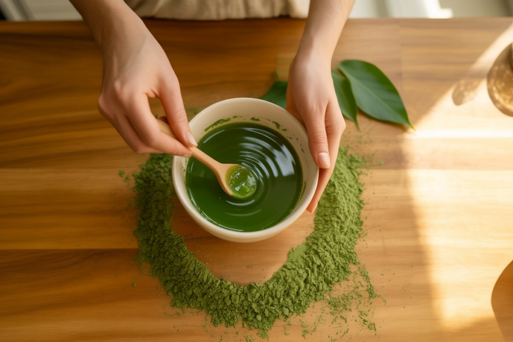 Hands mixing moringa powder with water in bowl for face or hair use