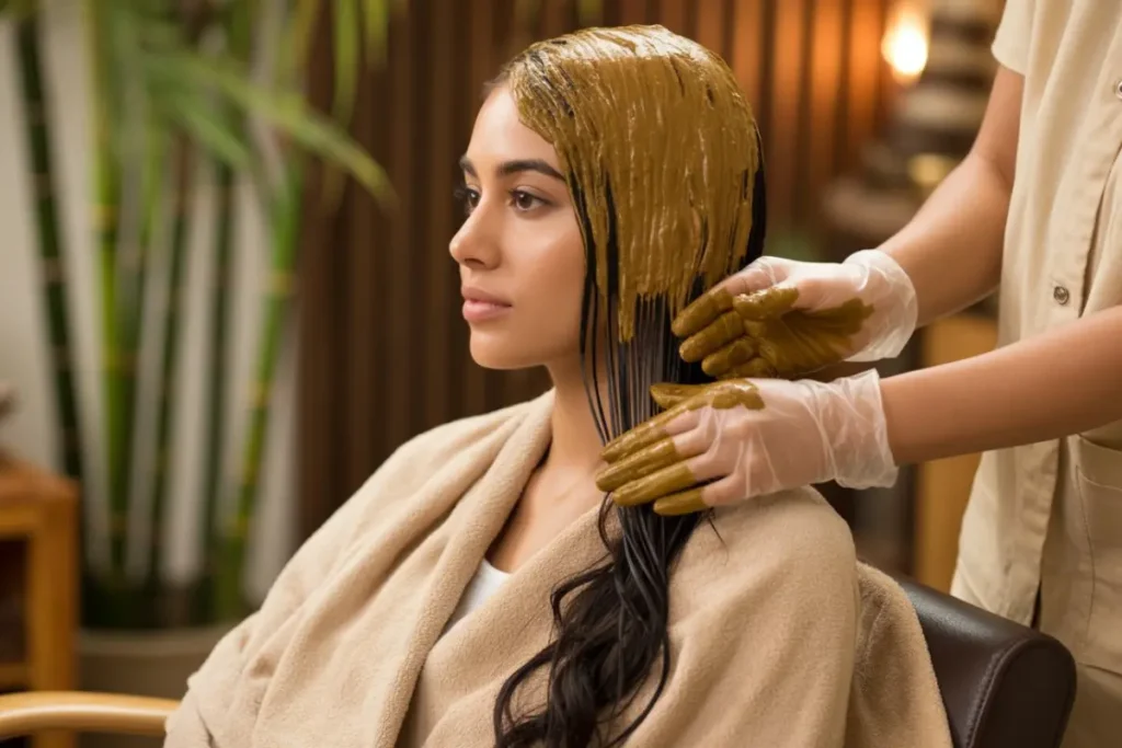 Applying henna before using indigo powder on hair