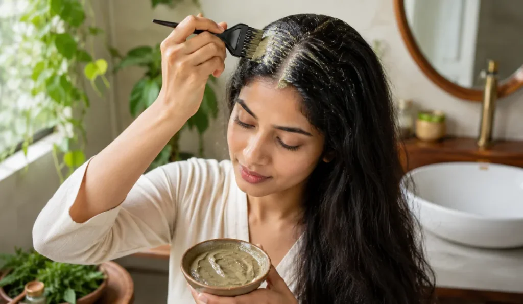 Applying bhringraj powder hair mask with yogurt for scalp health and dandruff control