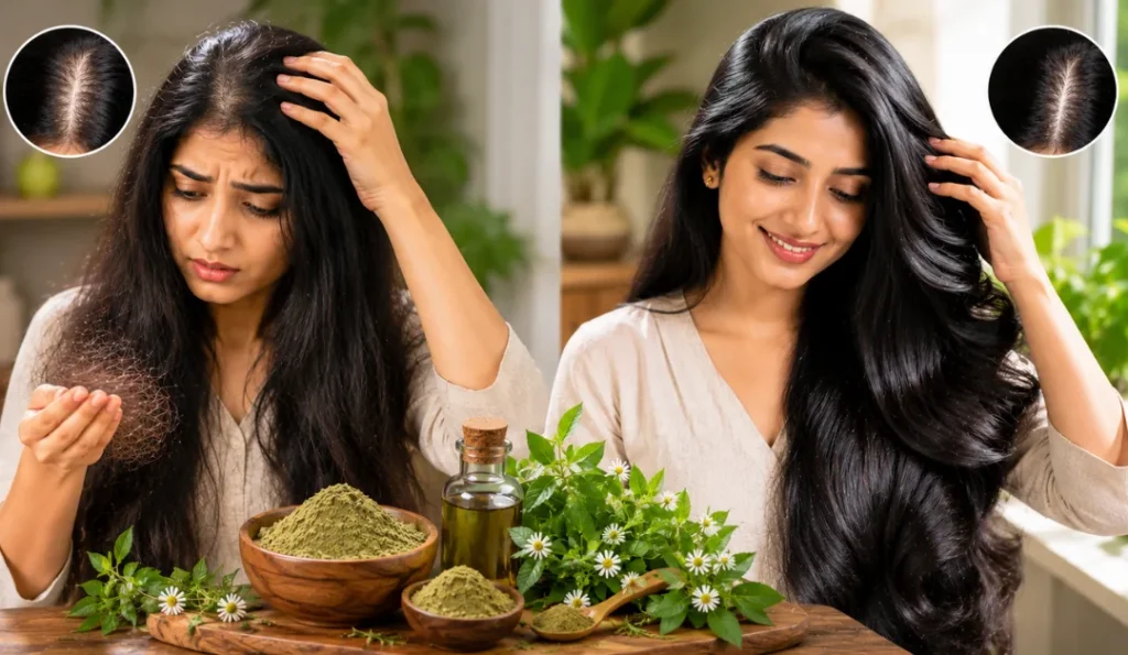 Results of regular bhringraj powder treatment for hair fall reduction and thicker hair growth