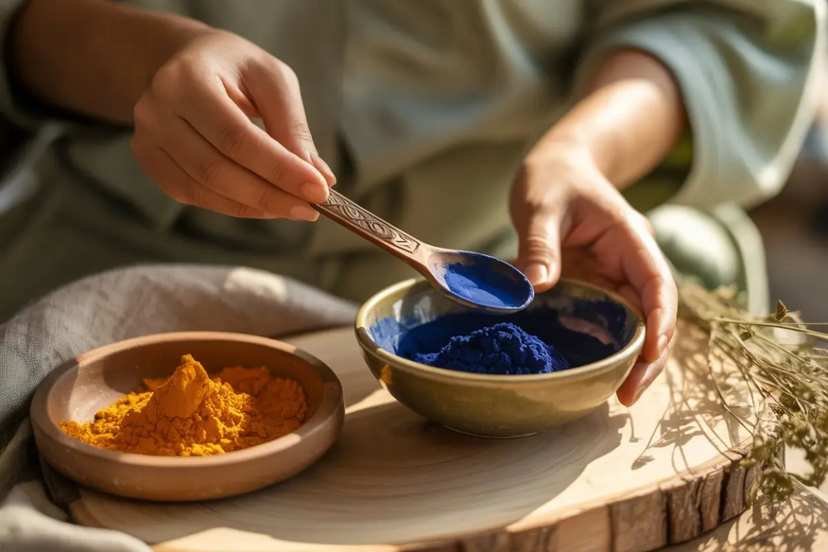 Woman preparing indigo powder mixture for natural hair coloring