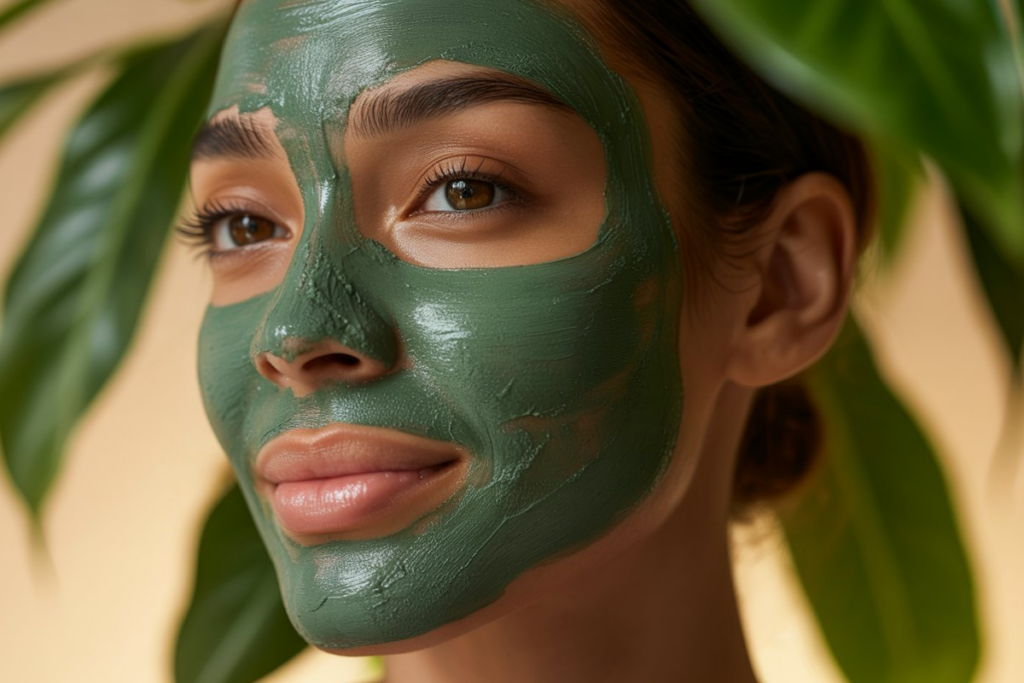 Woman applying green moringa face pack for glowing skin
