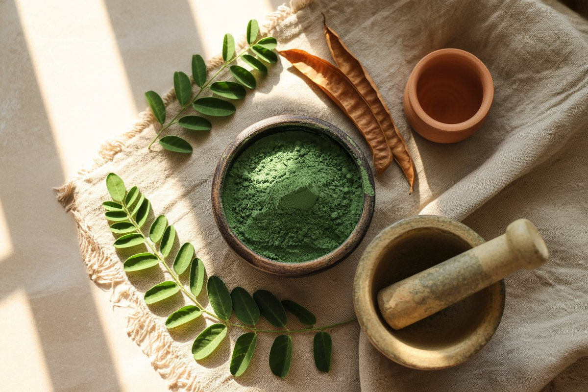 Moringa powder in wooden bowl with fresh moringa leaves for skin and hair benefits