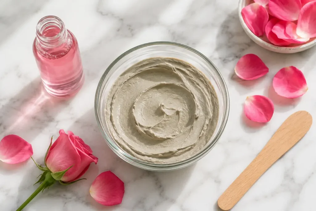 Multani mitti and rose water face pack paste in bowl for pimples
