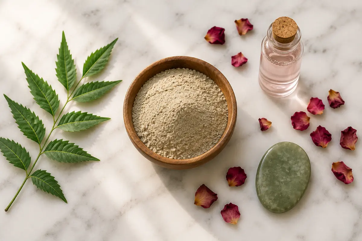 Multani mitti powder with rose water and neem for acne face pack