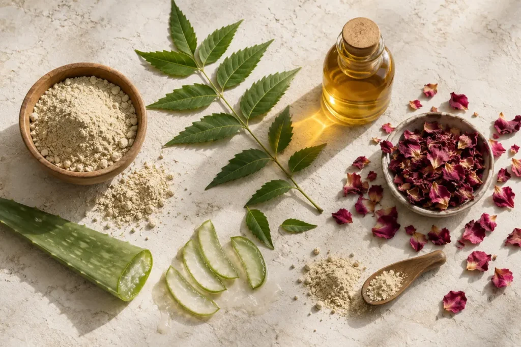 Natural ingredients multani mitti neem aloe vera rose water for acne skincare