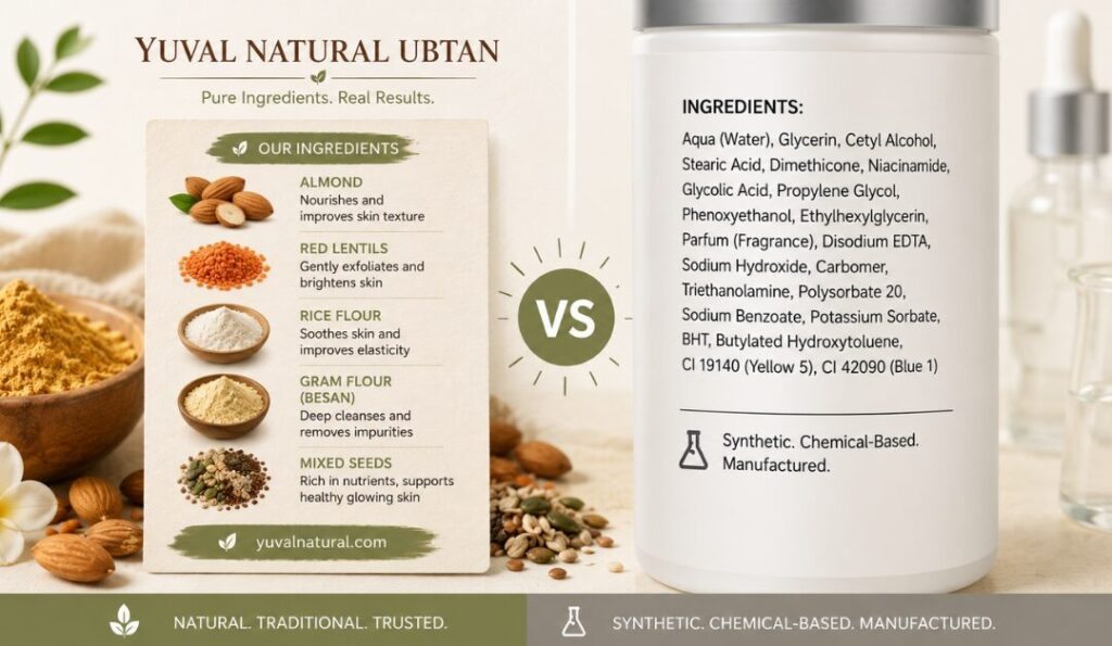 Chemical face pack ingredients comparison versus natural ubtan powder ingredient list for informed choice