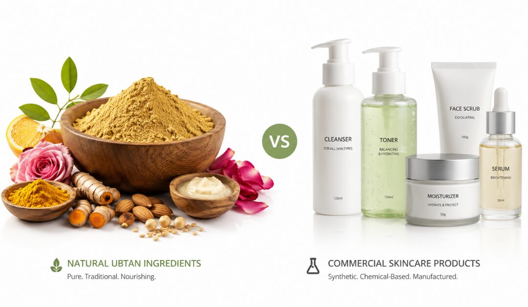 Natural ubtan powder versus chemical face packs comparison showing natural ingredients beside commercial products