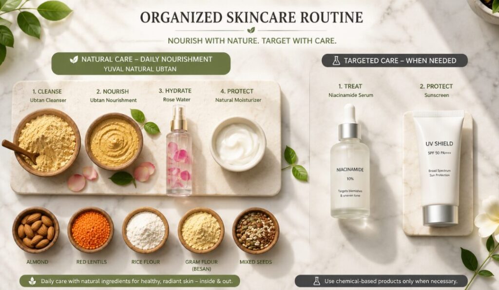 Hybrid approach combining natural ubtan powder with strategic chemical face packs for optimal Indian skin results