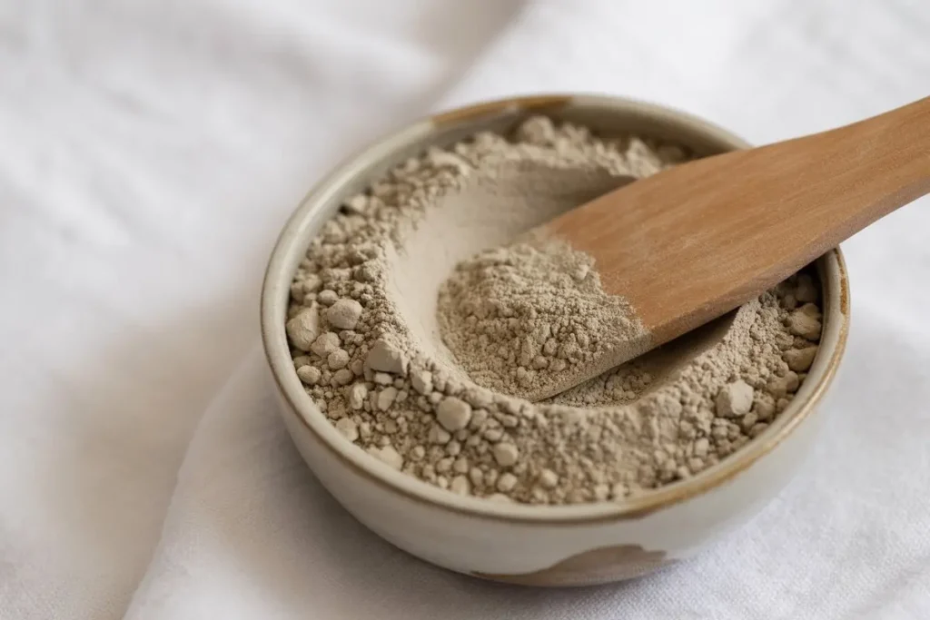 Pure multani mitti Fuller's Earth powder in ceramic bowl for skincare