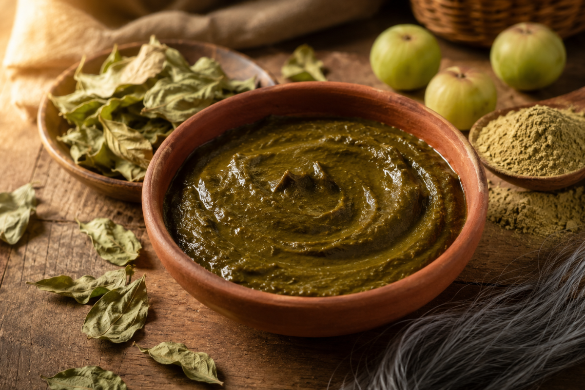 Henna paste in a bowl with amla powder and grey hair strands for natural hair coloring at home