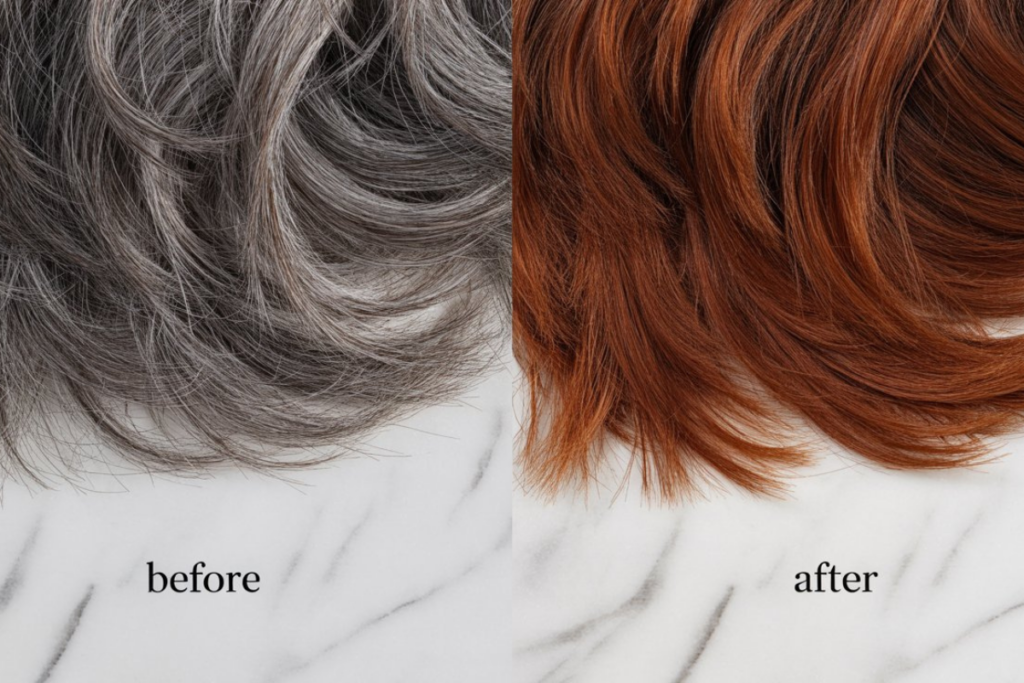 Before and after comparison of grey hair colored with henna — natural red-auburn result without chemicals