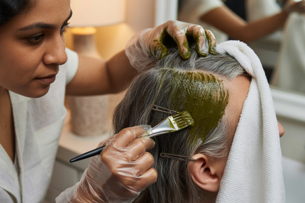 Applying henna paste on grey hair at the roots using a color brush — step-by-step henna hair coloring at home